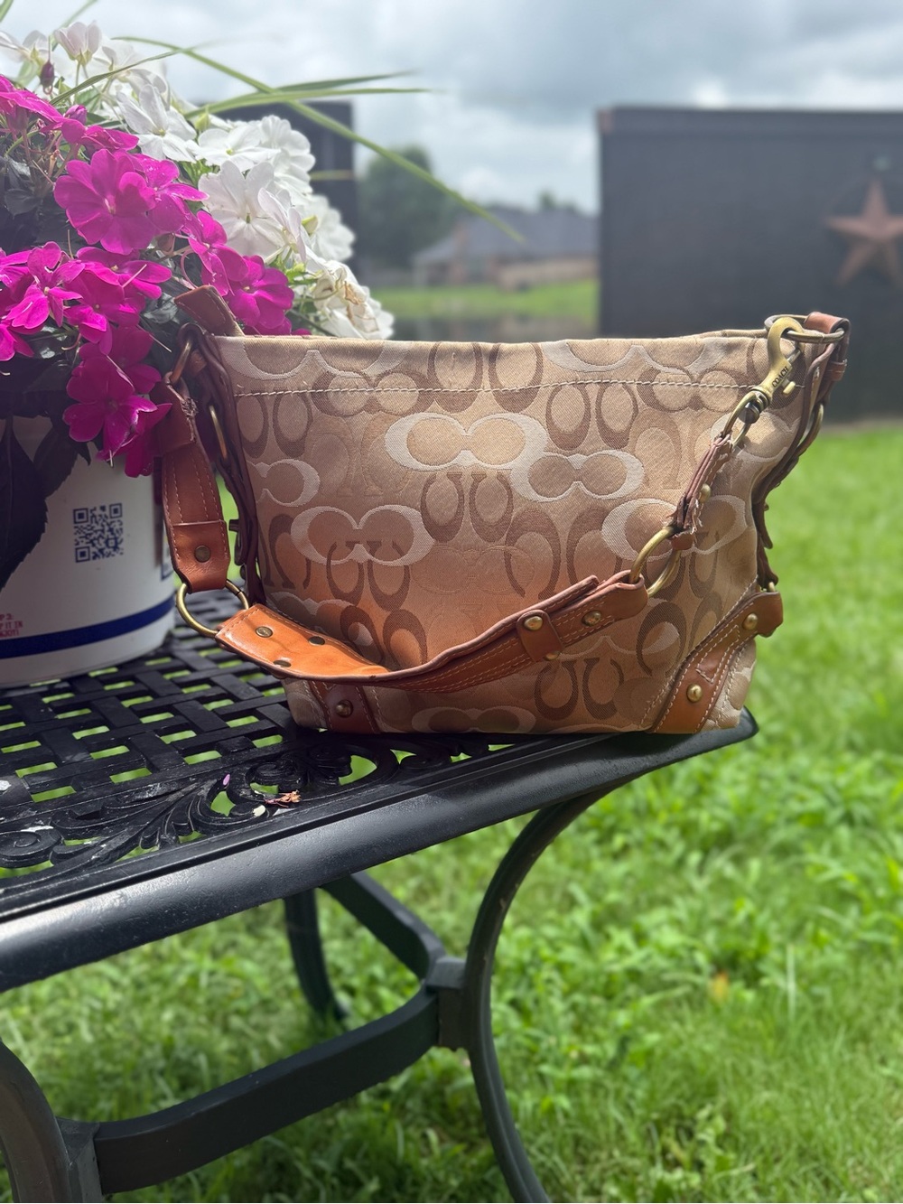 Coach Carly Hobo 10619 Signature Jacquard Khaki Brown Leather Y2K Shoulder Bag